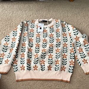Floral Knit Sweater - Cream and Orange
